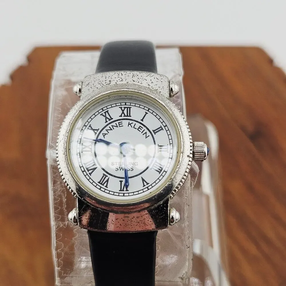 Anne Klein Silver Tone Roman Numeral Watch Black Leather Classy Sophisticated